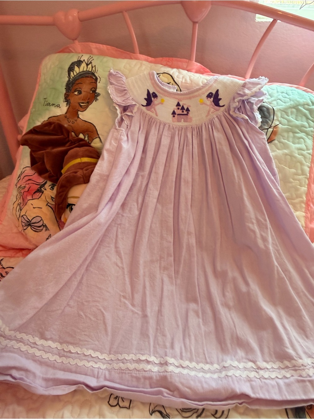 Lavender Smocked Flutter-Sleeve Girls' Dress with Castle Motif